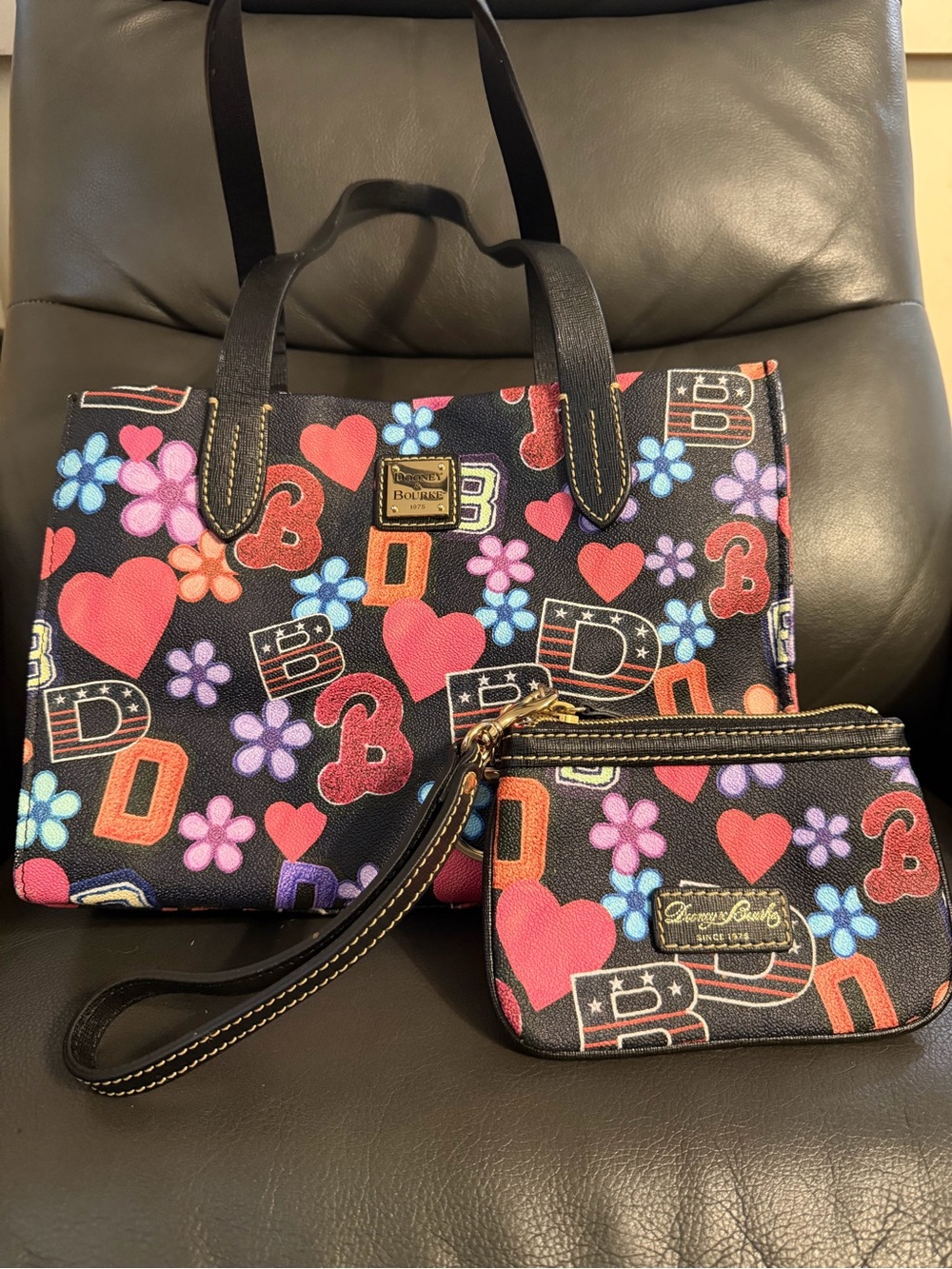 Dooney & Bourke Black Floral Heart Logo Tote with Matching Wristlet